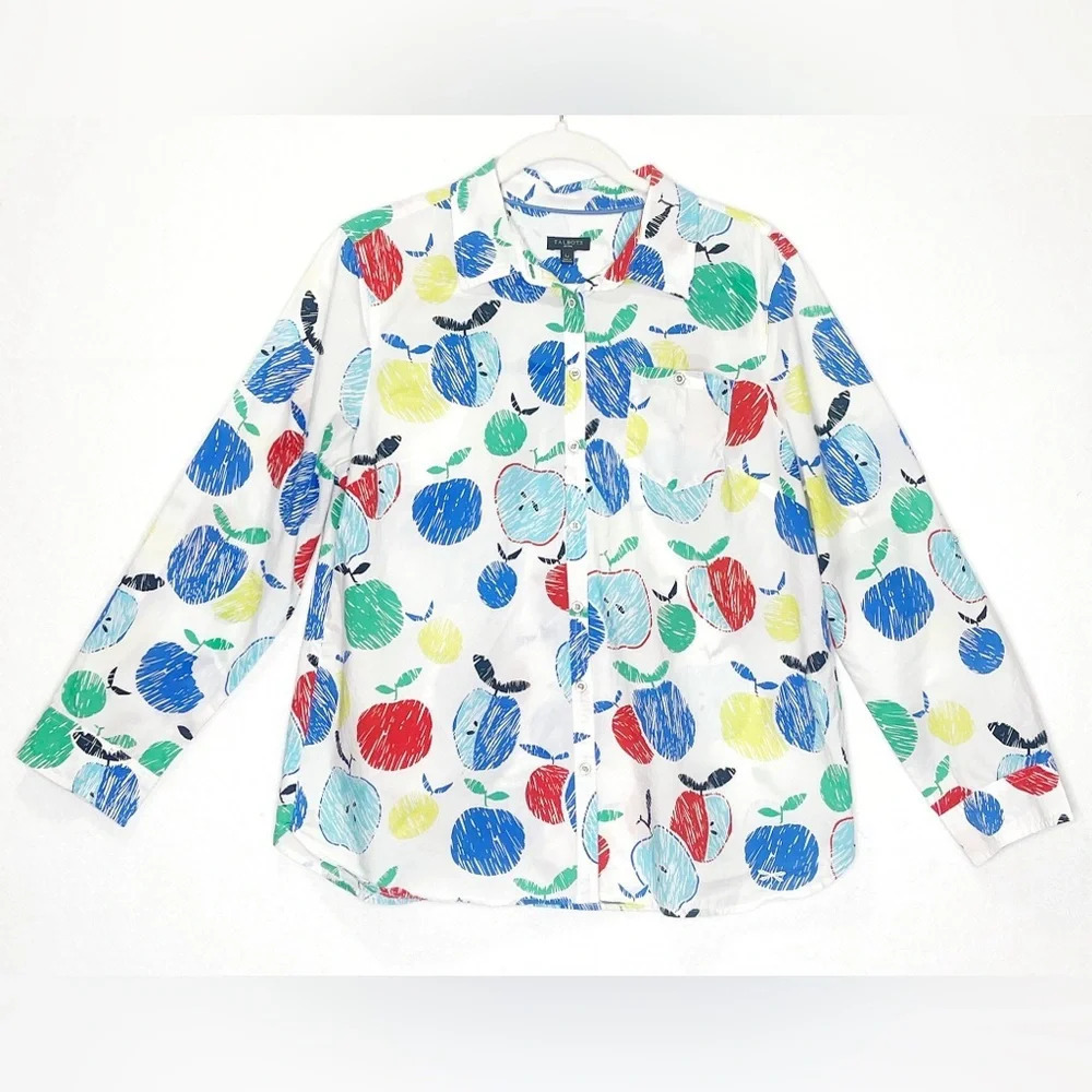 Talbots Teacher Apple Print Long Sleeve Button Down Shirt Sketch Apple Pattern